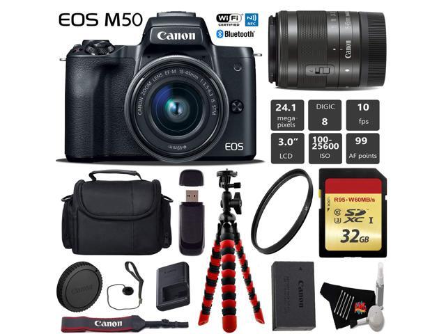 Canon EOS M50 Mirrorless Digital Camera with 15-45mm Lens + Flexible Tripod + UV Protection Filter + Professional Case + Card Reader