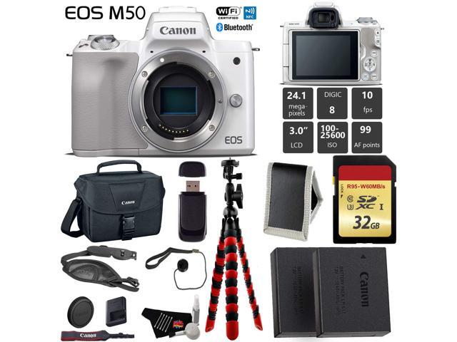 Canon EOS M50 Mirrorless Digital Camera (White Body Only) + 32GB Class 10 Memory Card + LED + Canon Camera Case + Flexible Tripod + Extra Battery