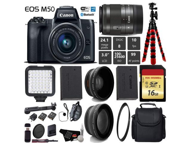 Canon EOS M50 Mirrorless Digital Camera with 15-45mm Lens + LED + UV FLD CPL Filter Kit + Wide Angle & Telephoto Lens + Camera Case + Tripod + Card