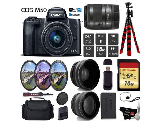 Canon EOS M50 Mirrorless Digital Camera with 15-45mm Lens + UV FLD CPL Filter Kit + Wide Angle & Telephoto Lens + Camera Case + Tripod + Card