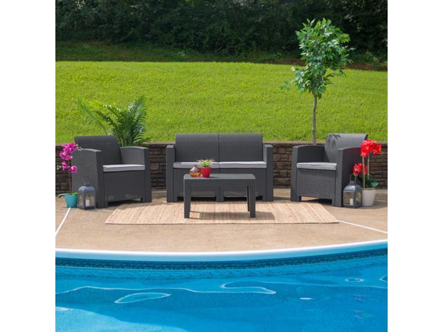 4 Piece Outdoor Faux Rattan Chair Loveseat and Table Set in Dark Gray