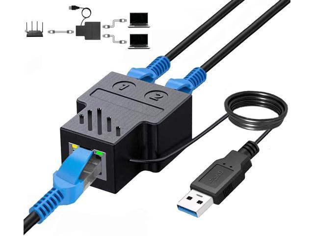 RJ45 Splitter Adapter with USB Power Cable, Ethernet Cable Splitter Cat5,  Cat5e, Cat6, Cat7,RJ45 Network Extension Connector Ethernet Cable Sharing  Kit for Router TV Box Camera PC Lapop (Black) 