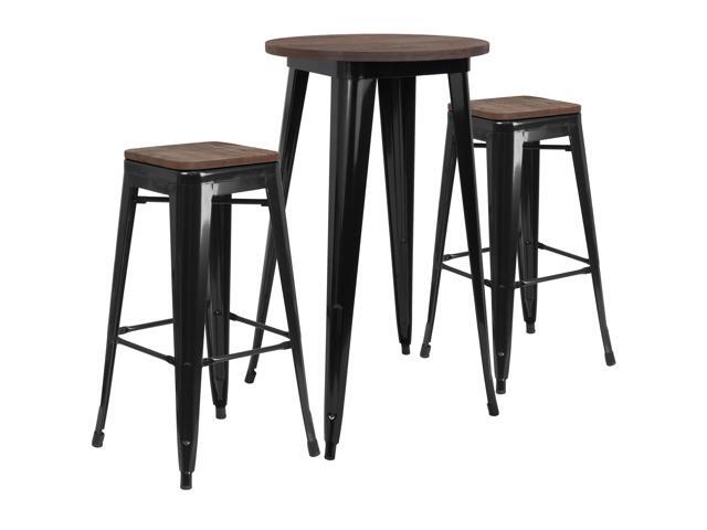 24' Round Black Metal Bar Table Set with Wood Top and 2 Backless Stools
