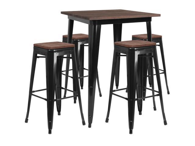 315' Square Black Metal Bar Table Set with Wood Top and 4 Backless Stools
