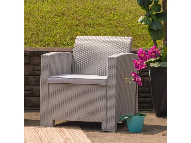 Light Gray Faux Rattan Chair with All-Weather Light Gray Cushion