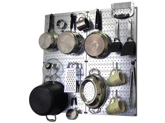 Wall Control Kitchen Pegboard Organizer Pots And Pans Pegboard Wall Organization Set With Metallic Galvanized Steel Pegboard And White Accessories