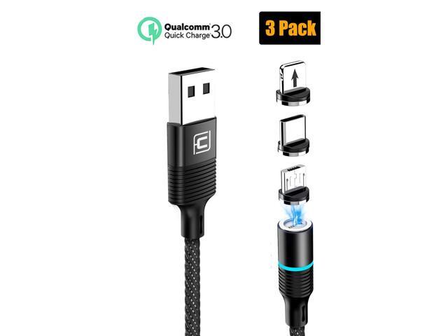 Magnetic 3-in-1 Charging Cable 3-Pack x 66ft QC30 Fast Charging Cables Nylon Braided Cord Compatible with Micro USB Type C for Smartphone