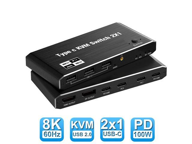 NeweggBusiness - 8K USB C KVM Switch HDMI 2 Port 8K@60Hz 4K@120Hz, HDMI 2.1  KVM Switch with and 100W Power Delivery for 2 Computers Share 1 Monitor(DP/ HDMI Output) and 3 USB Devices,3.5mm
