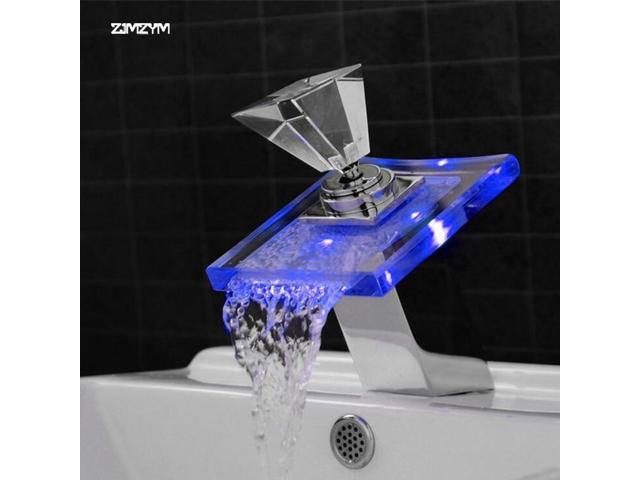 Hot and cold water copper crystal Glass Waterfall Basin Faucet LED Color Changing Bathroom Battery Mixer Tap Chrome Finish
