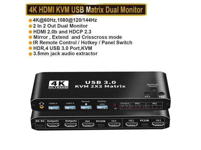NeweggBusiness - ESTONE 4K@60Hz HDMI Matrix KVM Switch with USB 3.0 2 in 2  Out, 2 Port KVM Switch for 2 Computers 2 Monitor, 2 PCs Share Dual Monitor,  1 Set of Keyboard, Mouse, Printer for Mac, Windows