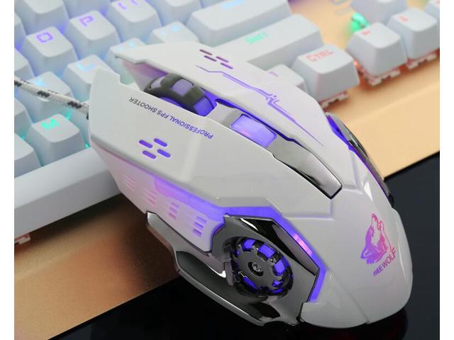 Freewolf V5 4000DPI Wired Mouse 4 Adjustable DPI Levels 500/1500/2500/4000DPI 4 Circular & Breathing LED Light 6 Buttons White