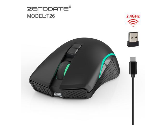ZERODATE T26 Wireless Gaming Mouse Rechargeable Optical Mice 7 Colors LED Lights 7 Buttons 2400/1600/800DPI (Black)