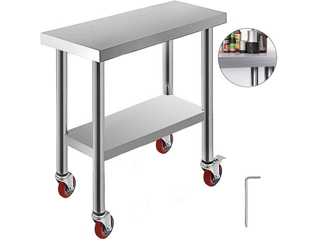 VEVOR 30x12x34 Inch Stainless Steel Work Table 3 Stage Adjustable Shelf with 4 Red Wheels