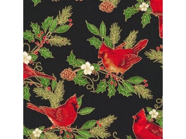 Cardinals and Holly on Black - Winter Grandeur 9 - Black Cotton Fabric by Robert Kaufman