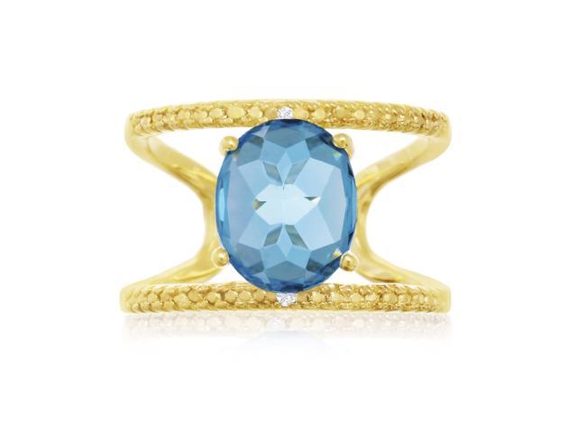 3.40 Carat Blue Topaz and Diamond Open Shank Ring In 14 Karat Yellow Gold Over Sterling Silver