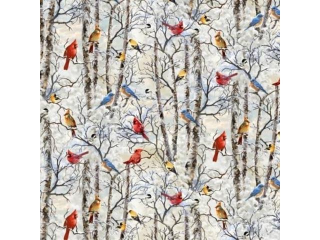 Winter Wonderland Snowy Birds - White Cotton Fabric by Timeless Treasures