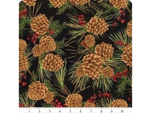 Joyful Traditions Pinecones and Berries on Black /Gold by Hoffman Cotton Sold by the Yard