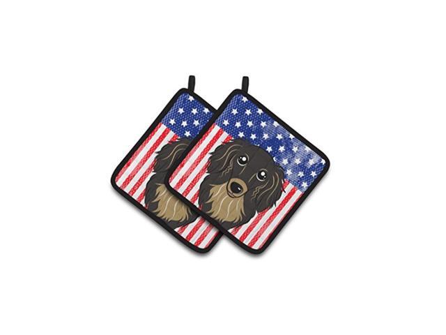 Carolines Treasures BB2143PTHD American Flag and Longhair Black and Tan Dachshund Pair of Pot Holders 75HX75W Multicolor