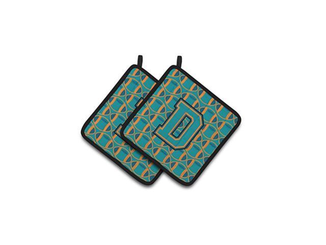 Carolines Treasures CJ1063-DPTHD Letter D Football Aqua Orange and Marine Blue Pair of Pot Holders 75HX75W Multicolor