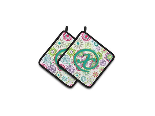 Carolines Treasures CJ2011-XPTHD Letter X Flowers Pink Teal Green Initial Pair of Pot Holders 75HX75W Multicolor