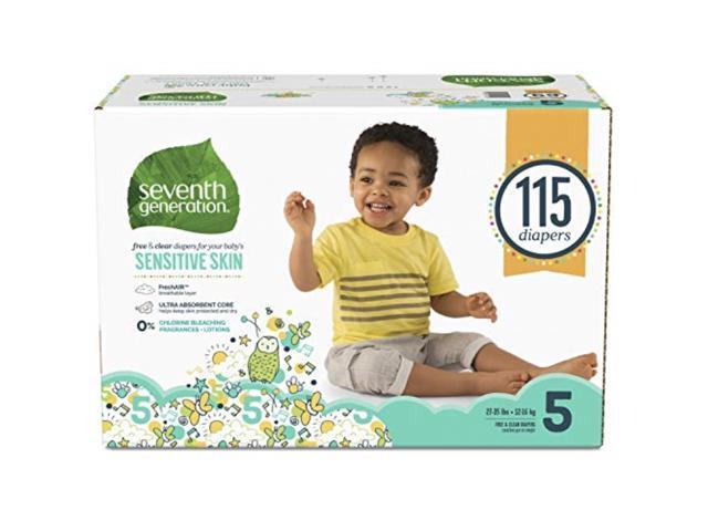Seventh Generation Free and Clear Sensitive Skin Baby Diapers with Animal Prints, Size 5, 115 Count 