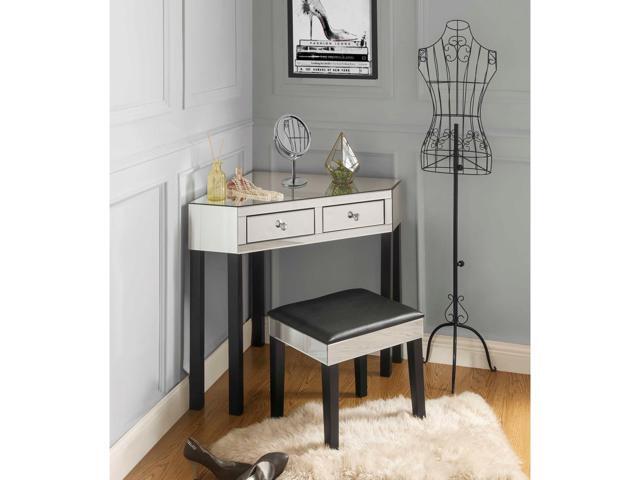 Indra Black Mirrored Corner Vanity Set - 2 Drawers 2 Pieces Vanity with Stool