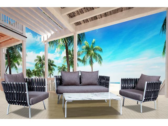LeisureMod Spencer 4 Piece Outdoor Rope Patio Cushioned Seating Set in Black