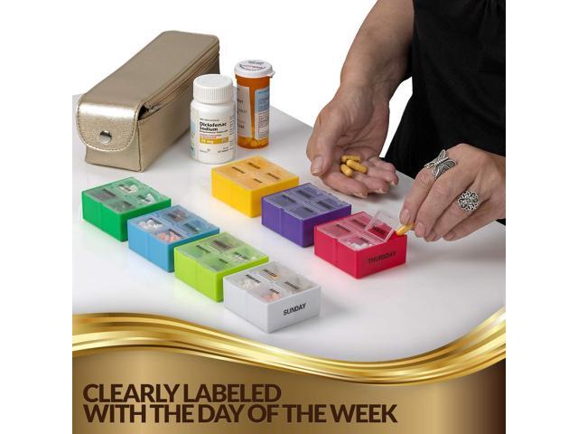 Large Weekly Pill Organizer Box in Gold Leather Case - 7 Day Week Pill Planner Organizers & Medication Reminder with 4 Times a Day - Daily