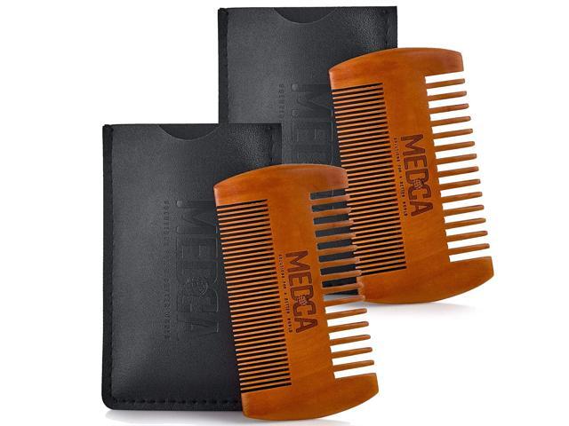 Wooden Beard Comb for Men - Handcrafted Solid Beechwood Beard Mustache and Head Hair Pocket Comb with Leather Case - Dual Action Fine & Coarse Teeth