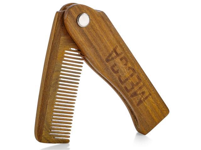 Folding Wooden Comb - 100% Solid Beech Wood - Fine Tooth Pocket Sized Beard Mustache Head Hair Brush Combs for Men Perfect for All Hair Types