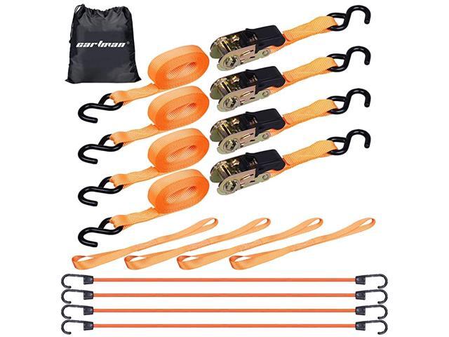 4pk 1' x 15' Ratchet Tie Down up to 1500lbs with 4pk 18' Soft Loop Straps and 4pk 32' Bungee Cord in Carry Bag