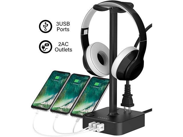 Headphone Stand with USB Charger Desktop Gaming Headset Holder Hanger with 3 USB Charger and 2 Outlets Suitable for Gaming DJ Wireless Earphone
