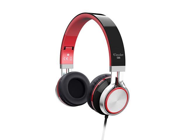 i39 Headphones with Microphone Foldable Lightweight Adjustable On Ear Headsets with 35mm Jack for Cellphones Computer MP34 Kindle School RedBlack
