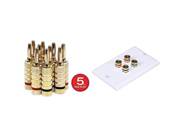 109436 Gold Plated Speaker Banana Plugs 5 Pairs Closed Screw Type Banana Binding Post TwoPiece Inset Wall Plate for 2 Speakers Coupler Type
