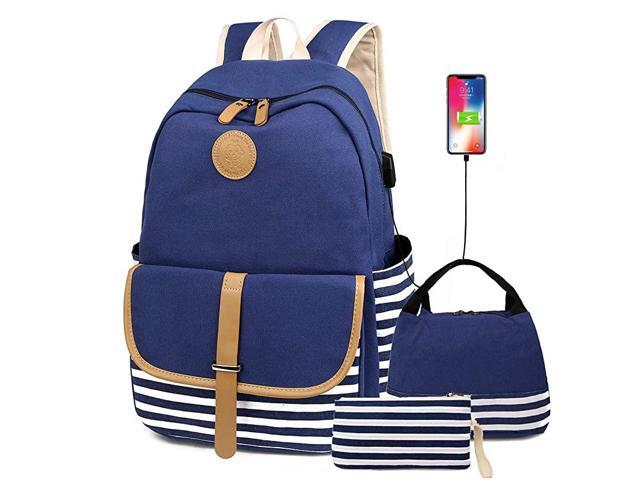 Canvas Backpack for Teens Cute School Backpack for Girls 156 Laptop Back Pack with USB Charging Port Lightweight Blue Bookbag Casual Backpack for