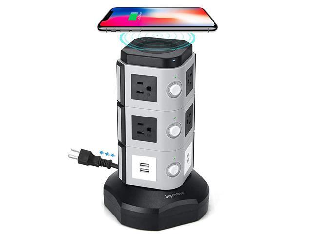 Surge Protector Tower with 10W Wireless Charger Spin Power Strip Tower 13A Vertical Charging Station with 10 AC Outlets+4 USB Slots and 65ft