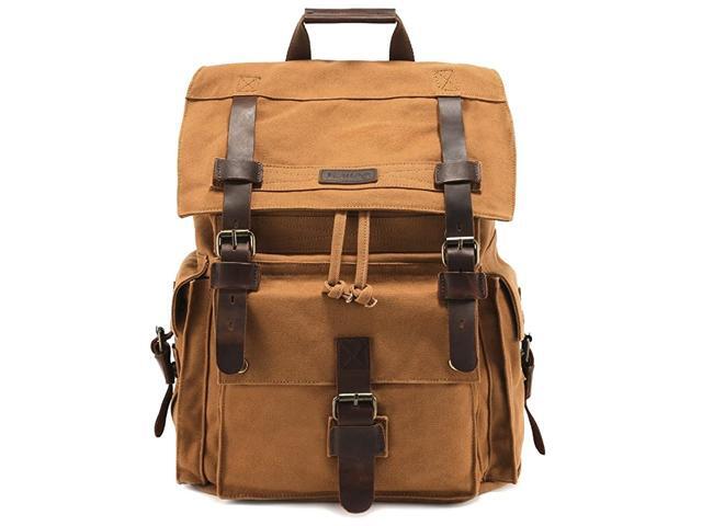 Mens Leather Canvas Backpack Large School Bag Travel Rucksack Khaki