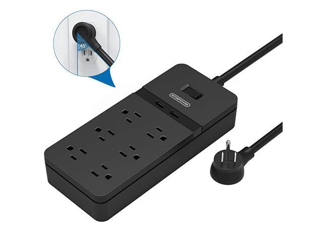 Flat Plug Power Strip with USB Mountable Surge Protector Flat Plug 6 Outlets 2 USB Desktop Charging Station 5ft Heavy Duty Extension Cord 15A