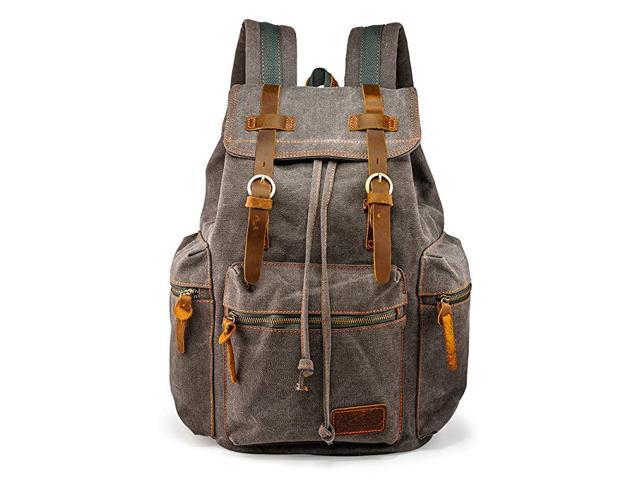 TM 21L Vintage Canvas Backpack for Men Leather Rucksack Knapsack 15 inch Laptop Tote Satchel School Military Army Shoulder Rucksack Hiking Bag Gray
