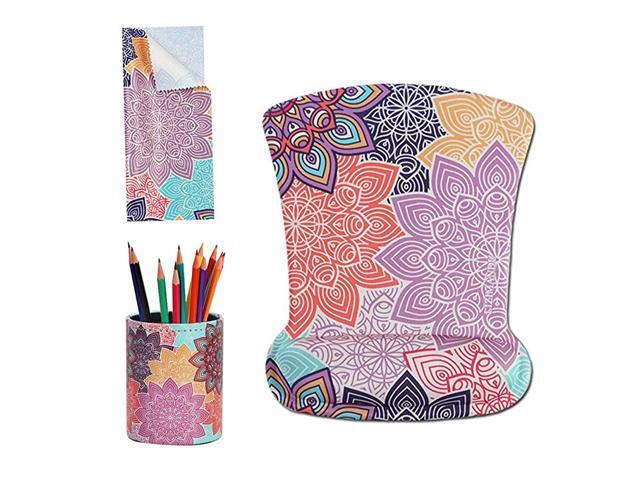 Memory Foam Mouse Pad Mat with Wrist RestMatching Pen Holder and Cleaning Cloth for Glasses3Colorful Flower