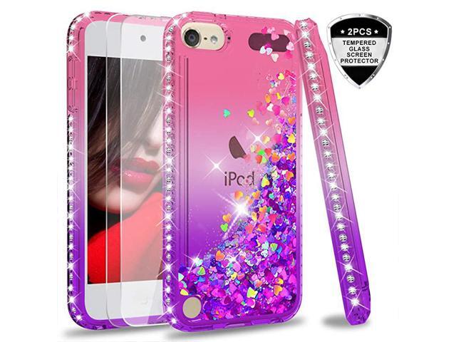 iPod Touch 7 Case iPod Touch 6 Case iPod Touch 5 Case with Tempered Glass Screen Protector 2 Pack for Girls Glitter Liquid Clear Phone Case for