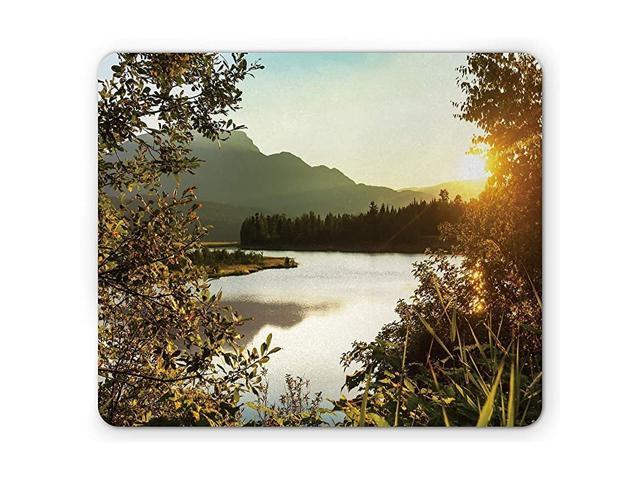 Mouse Pad Sunset Scene on Lake Idyllic Relaxing Village Serene Outdoor Dask Landscape Standard Size Rectangle NonSlip Rubber Mousepad Green and Yellow