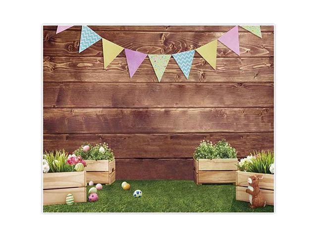 10x8ft Fabric Spring Easter Backdrops for Girls Photography Wrinkle Free Happy Bunny Rabbit Green Grass Brown Wooden Wall Baby Shower Kids Newborn