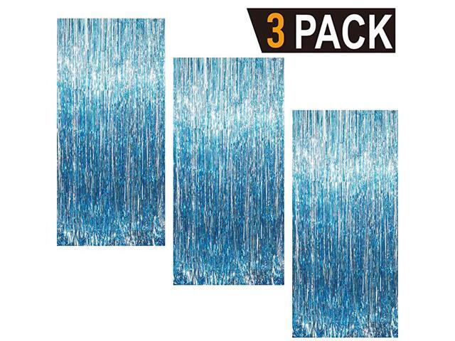 32 ft x 98 ft Metallic Tinsel Foil Fringe Curtains for Party Photo Backdrop Wedding Decor Light Blue3 pcs