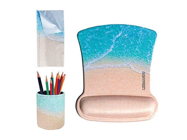 Memory Foam Mouse Pad Mat with Wrist RestMatching Pen Holder and Cleaning Cloth for Glasses3Sandbeach