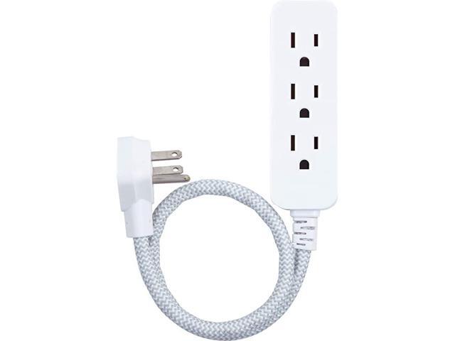 Designer 1 Ft Power Strip 3 Grounded Outlets Flat Plug Mini Cord Premium White 45190