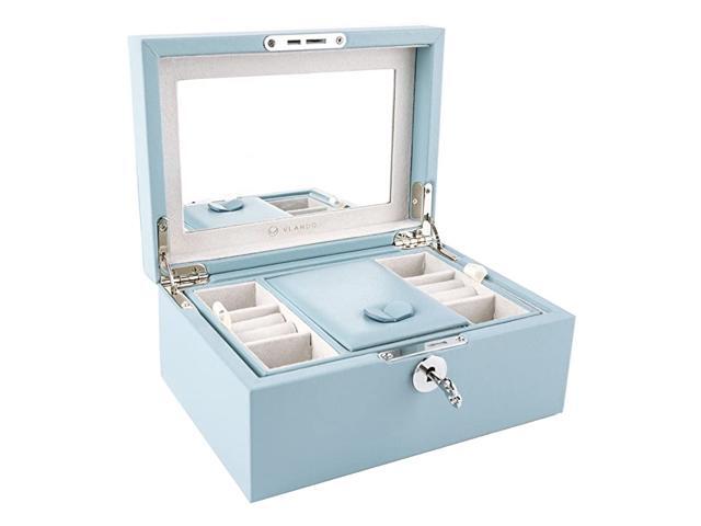 Retro Lockable Wooden Jewelry Box Organizer Large Mirrored Jewelries Storage Holder with Key Microfiber PU Leather Case Best Gifts for Women Girls