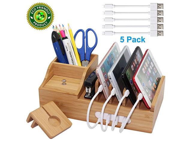 Hulin Bamboo Charging Station Multiple Devices Organizer for PhonesTablet Office Desktop Wooden Docking Stations Include 5 x Charger Cable Storage