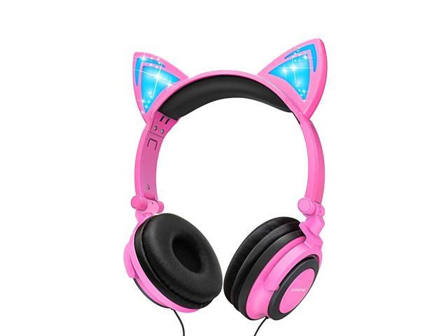 Cat Ear Headphones Kids Headphones Wired Foldable On Ear Headsets with LED Glowing Light 35mm Audio Jack Headset for Children Pink