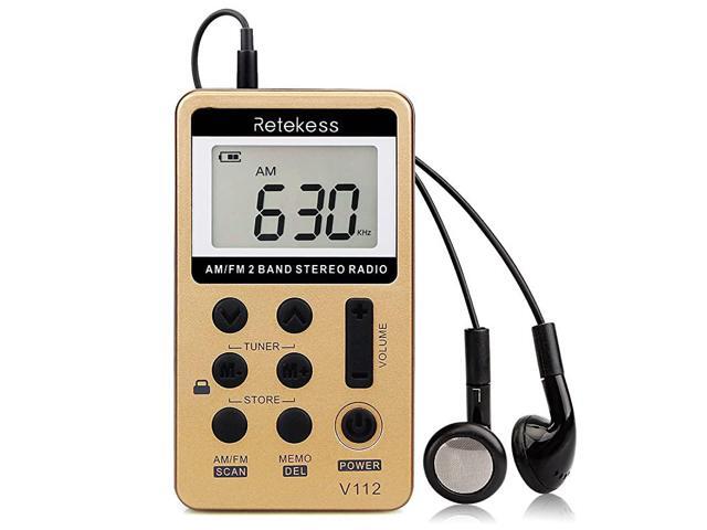 V112 AM FM Radio Portable Mini Radio with Earphone Pocket Digital Tuning Rechargeable Battery LCD Display for Walking JoggingGold